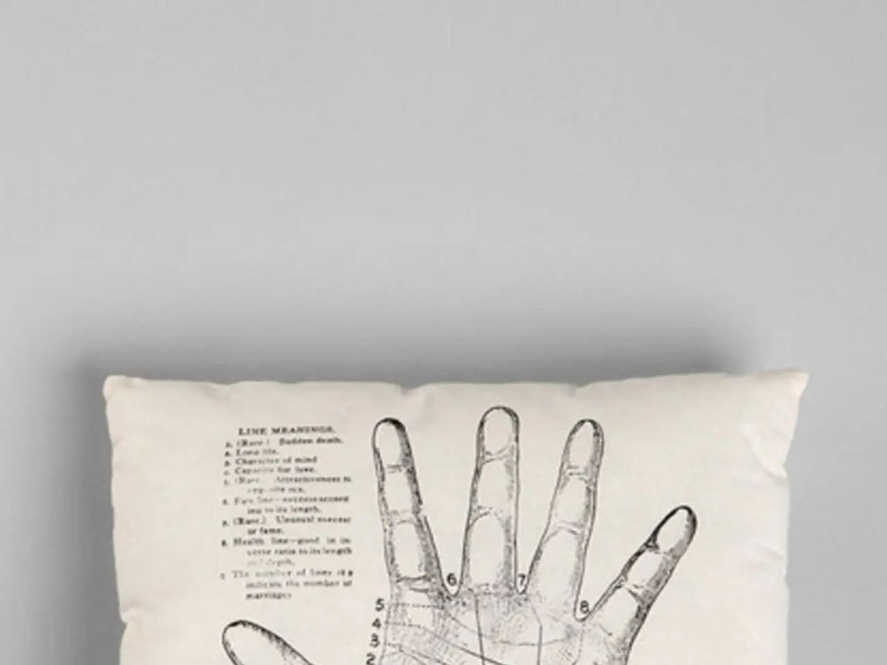 This picture shows a pillow and we see a hand and text printed on it and we see a white background....