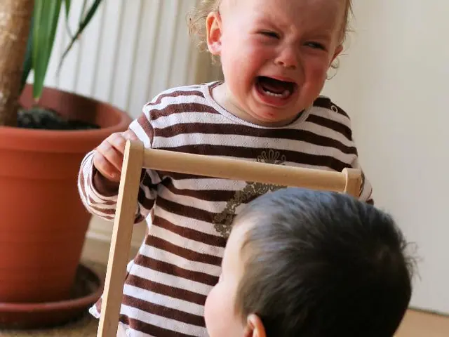 In this image there is a baby crying , another baby sitting in the toy vehicle , and in the back...