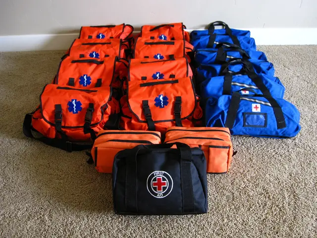 In this image I can see these are the first aid bags in blue and orange color.